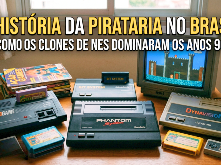 Uma coleção de consoles brasileiros clássicos dos anos 90, incluindo o Phantom System da Gradiente e o Turbo Game da CCE, sobre um fundo de madeira retrô.