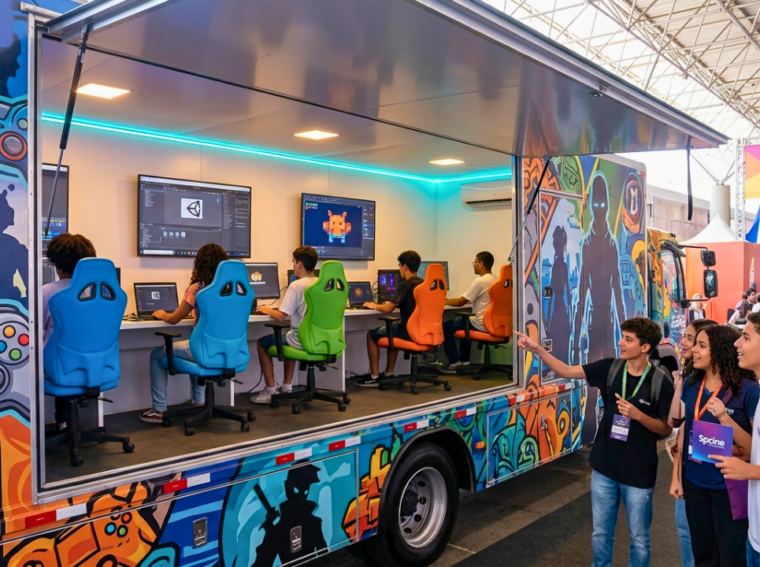 Caminhão tecnológico adaptado como hub móvel de games, estacionado em uma praça pública de São Paulo com jovens interessados ao redor.