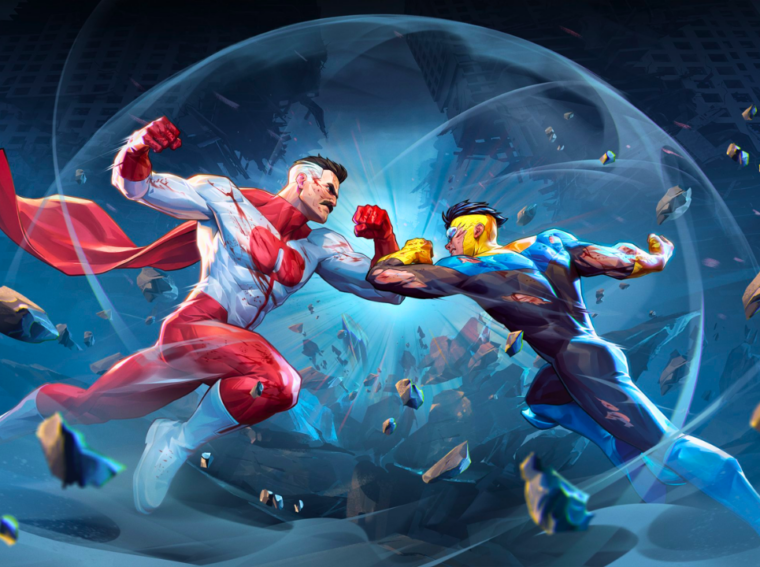 Primeiro plano do personagem Omni-Man lutando contra Invencível no Beta Aberto, exibindo uma barba cheia e traje de combate detalhado.