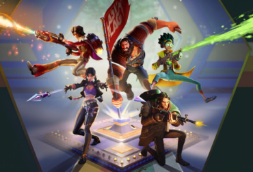 Ilustração colorida de Last Flag mostrando os competidores caricatos em estilo anos 70, com roupas retrô e armas estilizadas em uma arena de captura de bandeira.