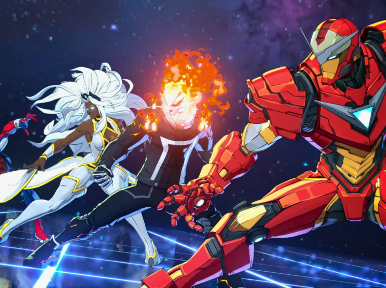 Arte promocional de MARVEL Tōkon: Fighting Souls exibindo heróis da Marvel em estilo artístico de jogo de luta japonês da Arc System Works.