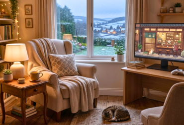 Montagem com personagens e cenários de jogos aconchegantes de 2026, com cores pastéis e ambientação relaxante.