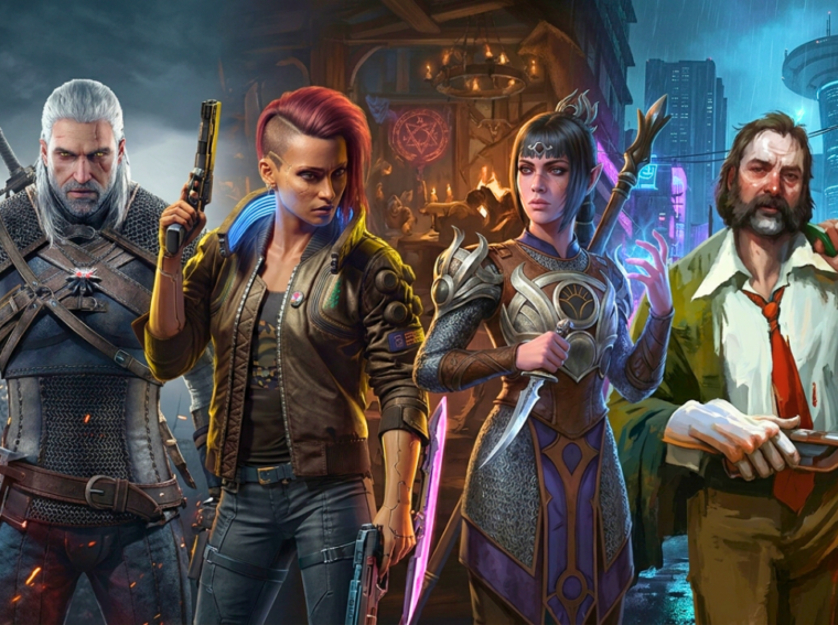 Montagem com os protagonistas de The Witcher 3, Cyberpunk 2077 e Baldur’s Gate 3 em poses de combate, representando os melhores RPGs para o público adulto.