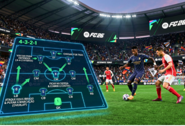 Painel de instruções individuais de jogadores no EA FC 26, destacando a configuração de 'Ficar na Defesa' para os volantes e laterais.