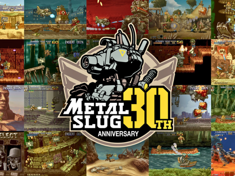 Logotipo oficial do 30º aniversário de Metal Slug com os personagens clássicos Marco e Tarma em destaque sobre um fundo temático da SNK.