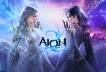 Arte oficial de AION 2 mostrando um personagem com asas abertas sobrevoando um cenário de fantasia vasto e detalhado.