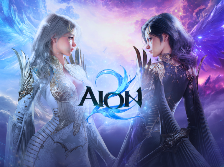 Arte oficial de AION 2 mostrando um personagem com asas abertas sobrevoando um cenário de fantasia vasto e detalhado.