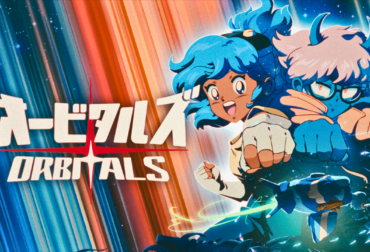 Personagens do jogo Orbitals em estilo anime retrô explorando uma estação espacial abandonada com cores vibrantes.