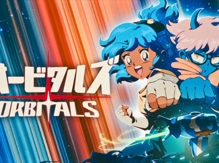Personagens do jogo Orbitals em estilo anime retrô explorando uma estação espacial abandonada com cores vibrantes.