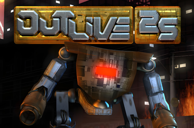 Arte oficial de Outlive 25 mostrando o confronto clássico entre as unidades dos Humanos e dos Robôs em um cenário futurista remasterizado.