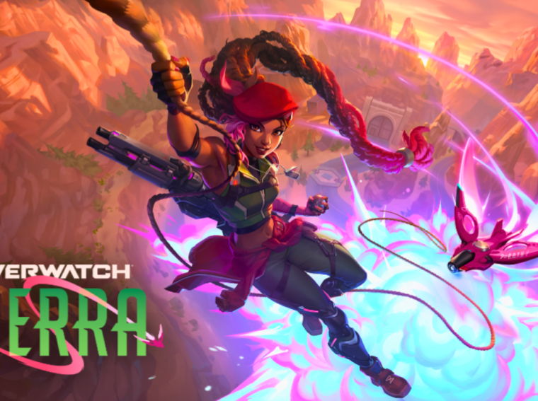 Arte promocional da nova heroína de dano de Overwatch, Sierra, empunhando seus equipamentos tecnológicos durante o evento Operação Grand Mesa.