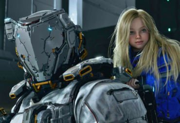 O protagonista Hugh em seu traje espacial tecnológico ao lado da pequena Diana em um cenário futurista de Pragmata.