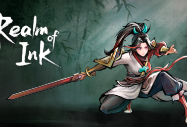 A espadachim Red em posição de combate, cercada por uma estética de pintura em tinta chinesa vibrante no jogo Realm of Ink.