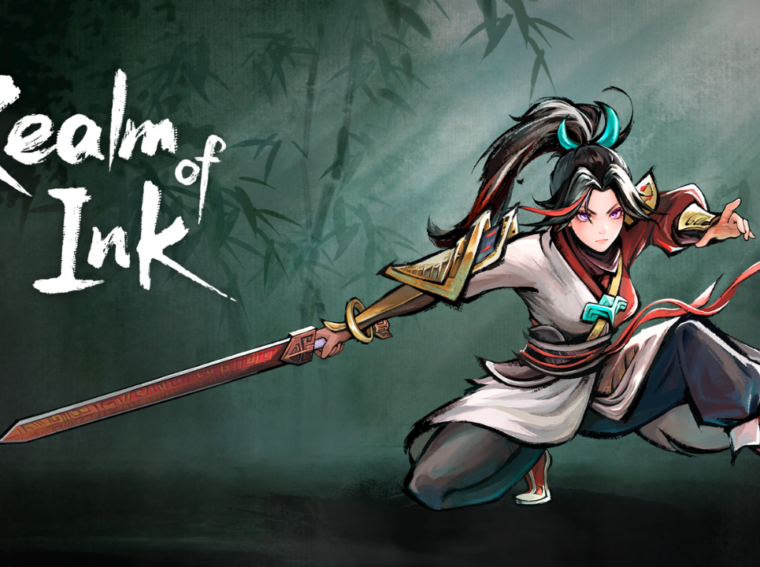 A espadachim Red em posição de combate, cercada por uma estética de pintura em tinta chinesa vibrante no jogo Realm of Ink.