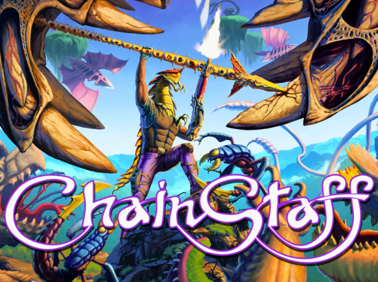 Personagem principal de ChainStaff usando o gancho contra inimigos alienígenas em um cenário cyberpunk pixel art.