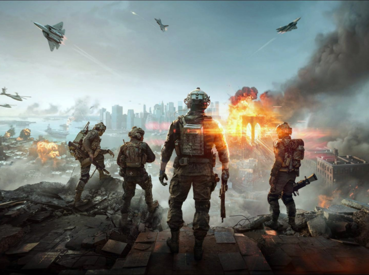 Arte promocional de Battlefield 6 mostrando soldados em combate naval com porta-aviões e jatos ao fundo, ilustrando a volta da Guerra Naval.