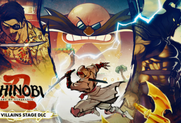 Arte promocional do DLC SEGA Villains Stage mostrando o protagonista de Shinobi contra vilões clássicos da SEGA em estilo artístico vibrante.
