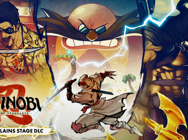 Arte promocional do DLC SEGA Villains Stage mostrando o protagonista de Shinobi contra vilões clássicos da SEGA em estilo artístico vibrante.