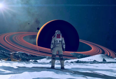 Um explorador espacial de Starfield em pé sobre uma colina rochosa, observando uma nave pousada ao longe sob um céu alienígena