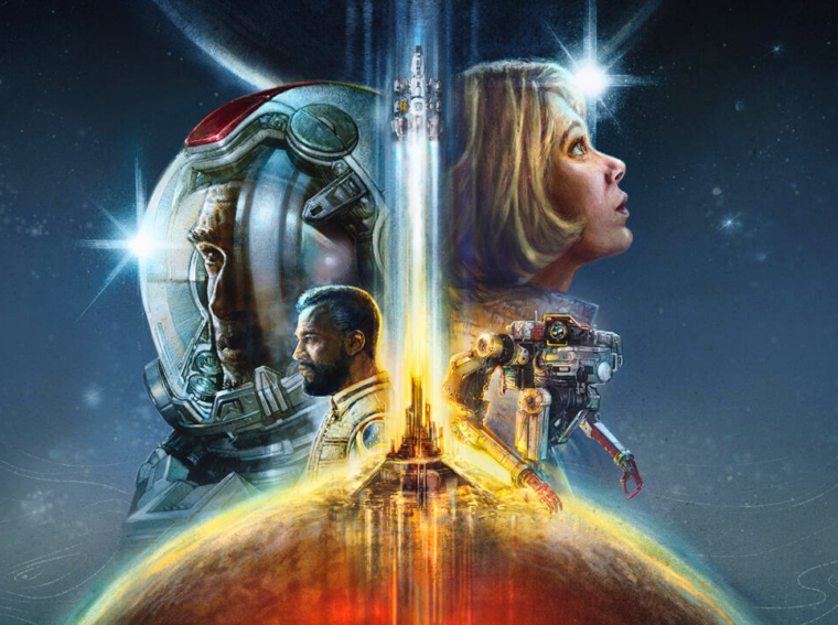Uma nave espacial voando em direção a um planeta no universo de Starfield, com o logo do jogo no canto superior