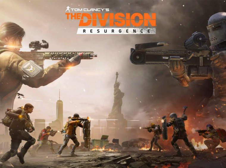 Arte oficial de The Division Resurgence mostrando agentes equipados em uma rua nevada de Nova York com o logotipo da Ubisoft.