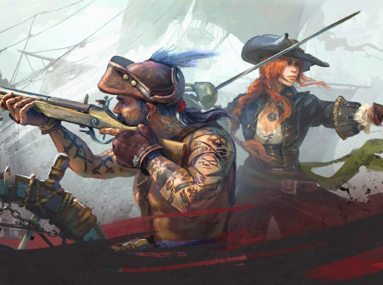 Personagens pirata em Windrose empunhando uma espada e um bacamarte em um navio.