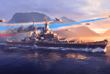 Arte promocional de World of Warships: Legends mostrando navio de guerra em alto-mar.