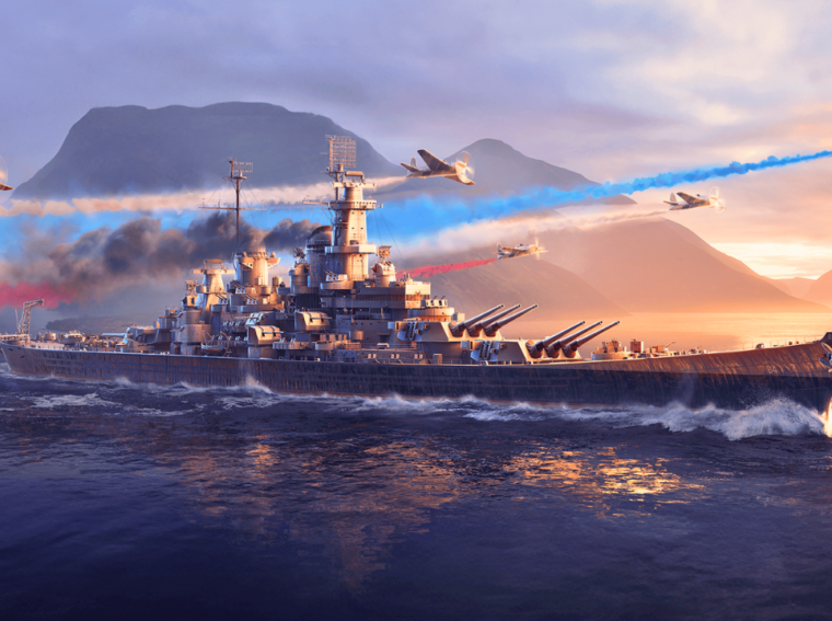 Arte promocional de World of Warships: Legends mostrando navio de guerra em alto-mar.