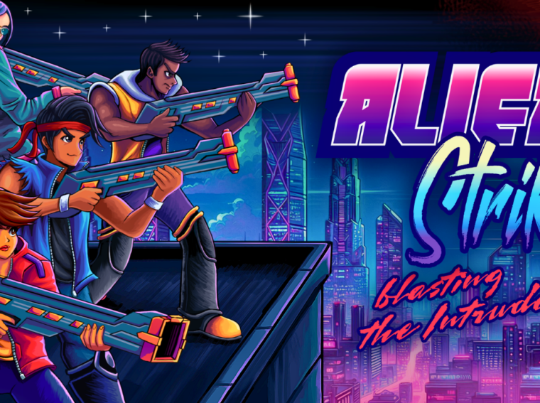 Arte promocional do jogo indie brasileiro Alien Strike, destacando visual inspirado em clássicos dos arcades dos anos 90.