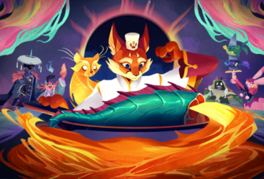 Arte oficial do jogo Beastro mostrando o chef Panko na cozinha preparando uma refeição mágica enquanto os Guardiões aparecem ao fundo em estilo de teatro de marionetes.