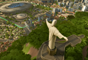 Vista aérea do Estádio do Maracanã recriado no jogo Copa City com destaque para o Cristo Redentor.