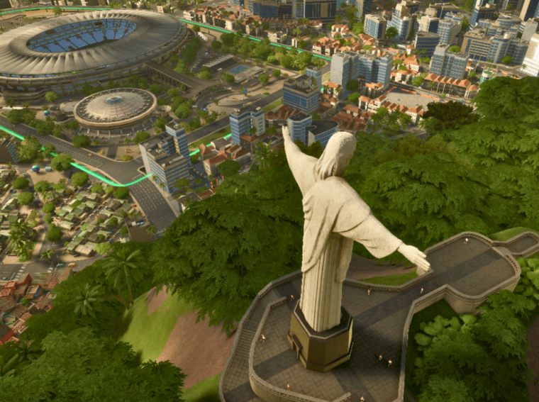 Vista aérea do Estádio do Maracanã recriado no jogo Copa City com destaque para o Cristo Redentor.